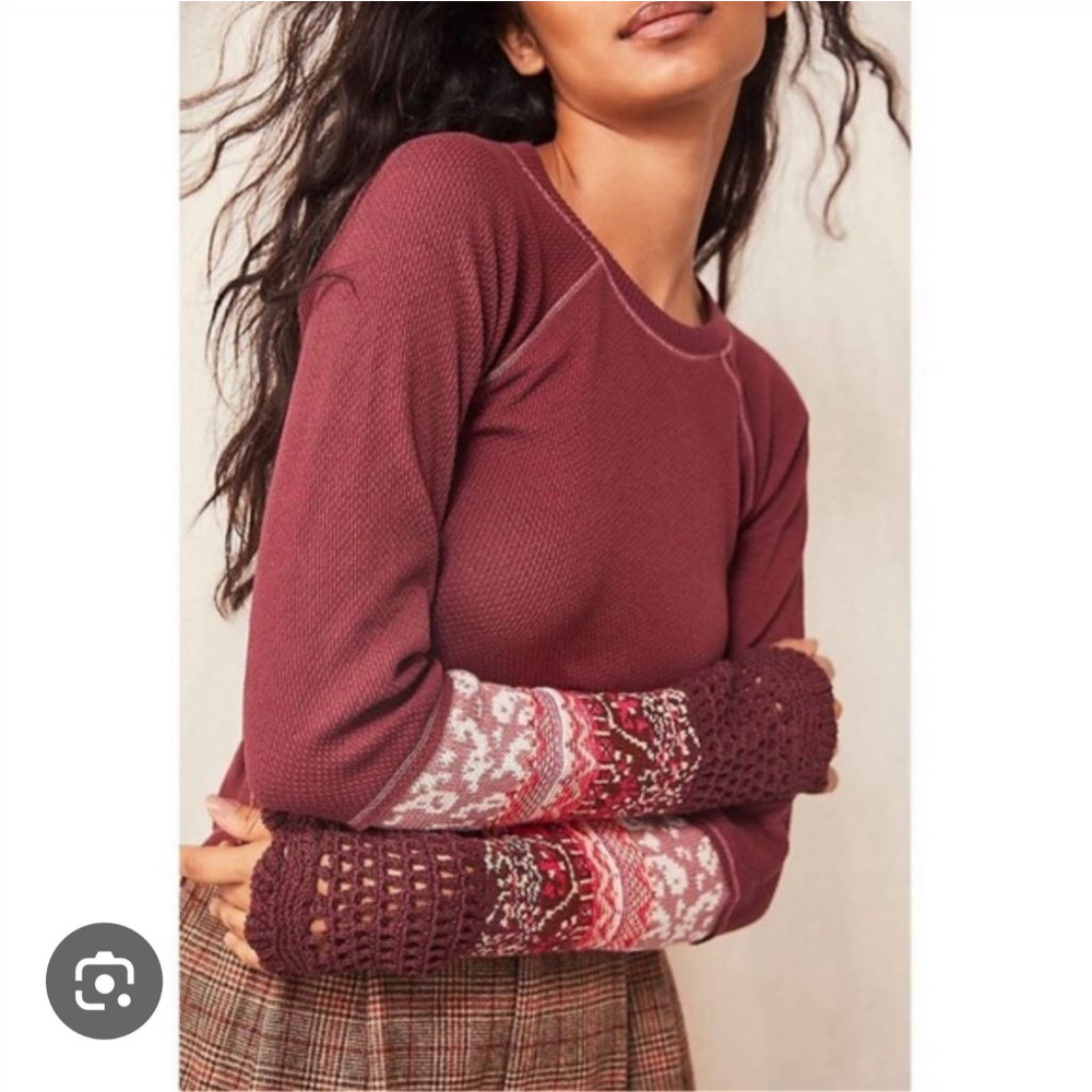 Free People XS In The Mix Cuff Thermal Crochet Knit Sleeve Burgundy Top Henley - Picture 2 of 11